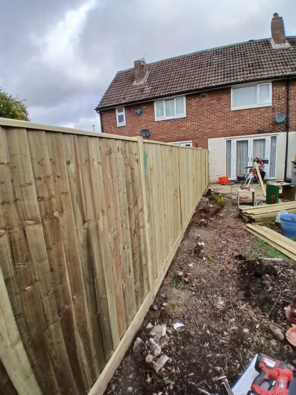 The replacement fence running back towards the house.